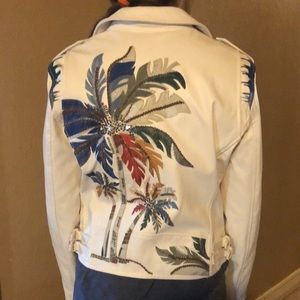 Vegan leather zip up embroidered jacket
